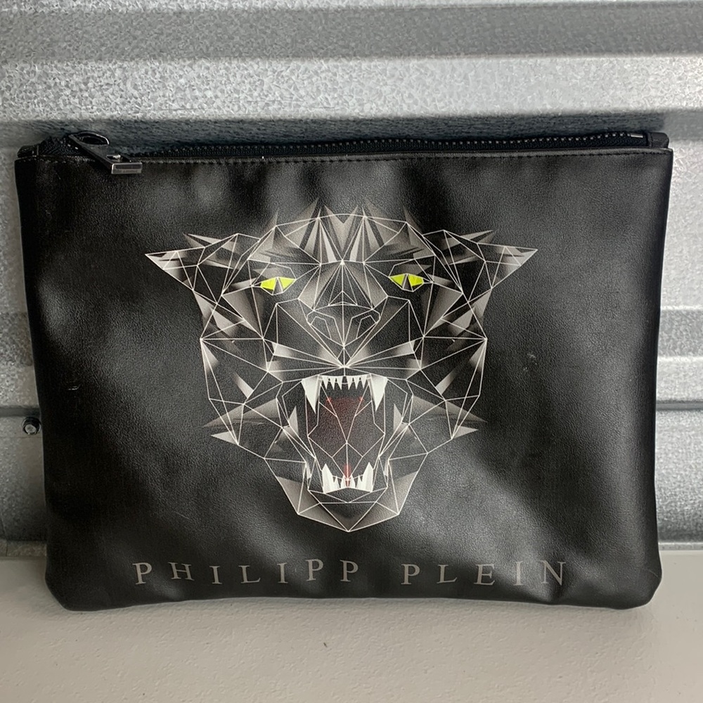 Philipp Plein Clutch Bag Men’s L Rare Vintage Jaguar Print Black Leather Logo‎